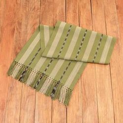 Olive Ways to Delight,'Handloomed Striped Olive Cotton Fringed Table Runner'