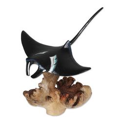 Manta Ray,'Wood Sculpture of Manta Ray with Mushroom-Shaped Base'