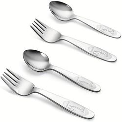 4pcs Toddler Utensil Sets, 18/8 Stainless Steel Toddler Spoons And Forks, Safe Kid Silverware Set For Self Feeding, Children Flatware Sets With Mirror Polished, Dishwasher Safe