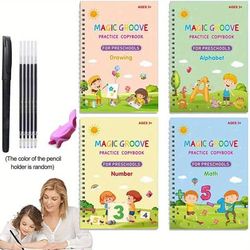 4 Book Children Copybook Kids Writing Sticker Practice Book Magic Word Book Early Education Workbook For Children, Gift For Children