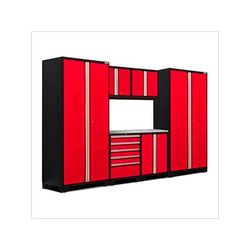 NewAge Garage Cabinets PRO Series Red 7-Piece Set with Stainless Steel Top and LED Lights
