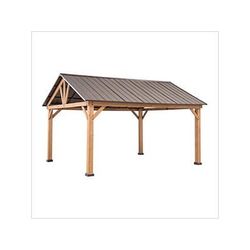 Sunjoy Group 13 x 15 Wooden Gable Roof Hardtop Pavilion Gazebo with Ceiling Hook (Brown Roof)