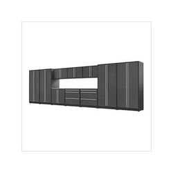 Proslat Garage Cabinets 12-Piece Glossy Grey Cabinet Set with Silver Handles and Stainless Steel Worktop
