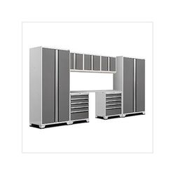 NewAge Garage Cabinets PRO Series Platinum 8-Piece Set with Stainless Steel Top and LED Lights