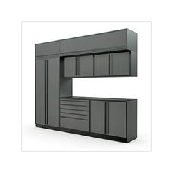 Proslat Garage Cabinets 8-Piece Glossy Grey Cabinet Set with Black Handles and Powder Coated Worktop