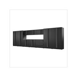 Proslat Garage Cabinets 12-Piece Mat Black Cabinet Set with Silver Handles and Stainless Steel Worktop