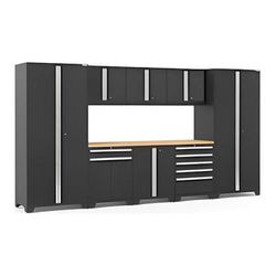 NewAge Garage Cabinets PRO Series Black 9-Piece Set with Bamboo Top and LED Lights