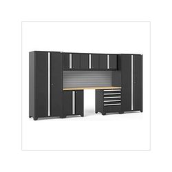 NewAge Garage Cabinets PRO Series Black 8-Piece Set with Bamboo Top and Slatwall