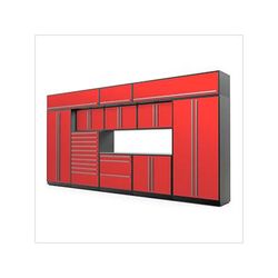 Proslat Garage Cabinets 12-Piece Glossy Red Cabinet Set with Silver Handles and Stainless Steel Worktop