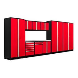 NewAge Garage Cabinets PRO Series Red 10-Piece Set with Stainless Steel Top and LED Lights