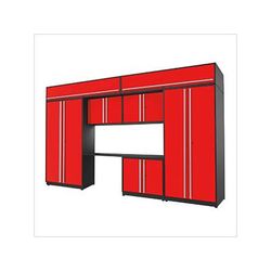 Proslat Garage Cabinets 8-Piece Glossy Red Cabinet Set with Silver Handles and Powder Coated Worktop