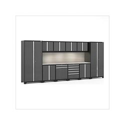 NewAge Garage Cabinets PRO Series Grey 12-Piece Set with Stainless Steel Top, Slatwall and LED Lights
