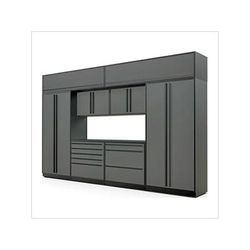Proslat Garage Cabinets 9-Piece Glossy Grey Cabinet Set with Black Handles and Powder Coated Worktop