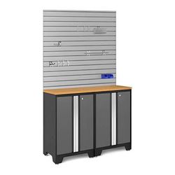 NewAge Garage Cabinets BOLD Series Grey 4-Piece Set with Bamboo Top, Slatwall and Hook Kit