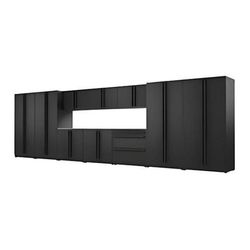 Proslat Garage Cabinets 12-Piece Mat Black Cabinet Set with Black Handles and Stainless Steel Worktop