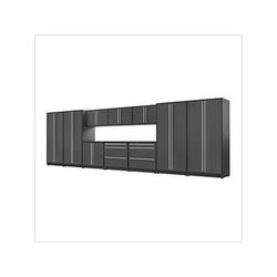 Proslat Garage Cabinets 12-Piece Glossy Grey Cabinet Set with Silver Handles and Powder Coated Worktop