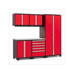 NewAge Garage Cabinets PRO Series Red 6-Piece Set with Stainless Steel Top and LED Lights
