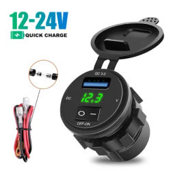 Chargeur rapide USB avec interrupteur, affichage de la tension LED, prise de chargeur, voiture, camion, bateau, moto, RL, 18W, 12V, 24V, QC3.0