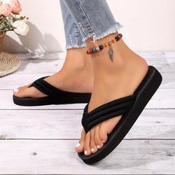 Women's Solid Color Flip Flops, Casual Clip Toe Platform Slides, Women's Comfortable Beach Shoes
