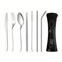 7pcs/set, Flatware Set, Stainless Steel Portable Tableware Set, Knives, Forks, Spoons, Chopsticks, Straws, Cleaning Brush, Silverware Cutlery Set For Student, Outdoor Tableware Storage Bags, Gift Sets