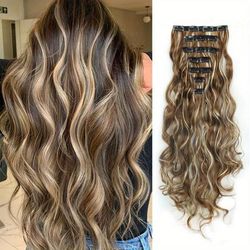 Clip In Hair Extensions 7 Pcs Full Head 22 Inch Curly Wave Synthetic Clip Hair Piece Wavy Hairpiece For Women Girls