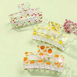 3pcs Large New Fruit Print Square Hair Clips, Non-slip Claw Clip, Sweet Hair Accessory Headwear For Girls Daily Party