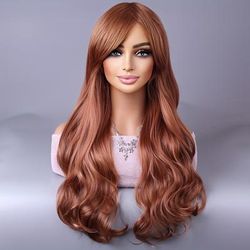 Long Reddish Brown Curly Wig With Bangs For Women Curly Wavy Wigs Synthetic Heat Resistant Fiber For Daily Party Cosplay Use