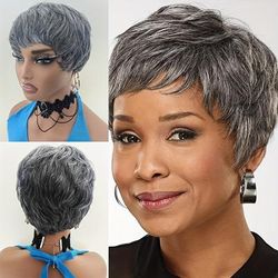 Women Short Pixie Cut Wigs Straight Black Root Ombre Gray Wig Synthetic Hair