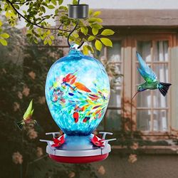 1pc Hand-blown Glass Leakproof Hummingbird Feeder, 37.2 Oz Capacity, Easy To Clean & Refill, Aerial Outdoor Garden Patio Decor With S-hook, Ant Moat, Hemp Rope & Brush Included
