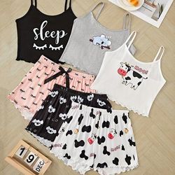 3 Sets Cute Animal & Eyelash Print Frill Trim Pajama Set, Casual Round Neck Backless Crop Cami Top & Elastic Shorts, Women's Sleepwear