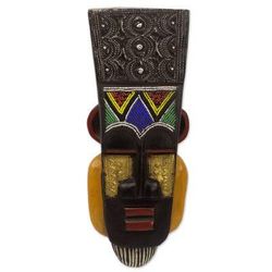 Obi,'Hand Carved Ghanaian Wall Mask with Brass and Beaded Accents'