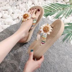 Women's Flower Decor Flip Flops, Comfortable Open Toe Slip On Shoes, Women's Fashion Summer Shoes