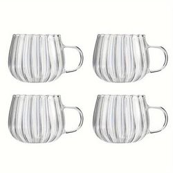 TEMU 4pcs Handmade Glass Mug Set, High Borosilicate Heat-resistant Striped Pumpkin-shaped Large Belly Cup, Microwave Safe, Reusable, With Handle, 450ml/15.5oz, For Christmas, Family, Home Use