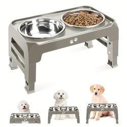 TEMU Dog Bowl Holder 3 Height Adjustable Dog Bowl Holder With 2 Stainless Food Bowls Non-slip Dog Feeder, Suitable For Small And Medium Dogs Light Brown Gray