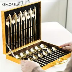 24pcs Elegant Tableware Set, Stainless Steel Mirror Polished Silverware Set, Golden/ Silvery Flatware Set With Gift Box, Wedding Dining Household Fork Spoon Knife Cutlery Set, Kitchen Accessories