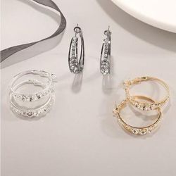 2 Pairs Luxury, Elegant And Exquisite Diamond Zircon Hoop Round Diamond Earrings - Personalized Jewelry Clothing Accessories Gifts