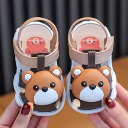 Baby Boys Girls Kawaii Cartoon Bear Hook And Loop Sandals, Lightweight Non-slip Comfy Crib Shoes For Newborn Infant, Summer