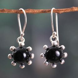 Solar Shadow,'Sun-Themed Sterling Silver and Onyx Dangle Earrings'