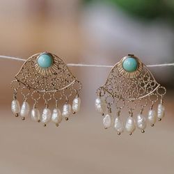 Islander Elysium,'Pearl and Recon Turquoise Filigree Chandelier Earrings'