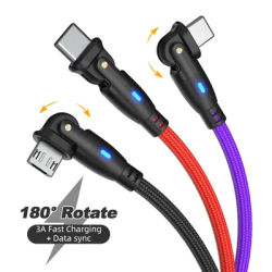180 Degrees Rotate 3A USB Phone Cable Cord for iPhone 13 Samsung S25, Huawei P60, Xiaomi 13, Redmi K60 Pro, Type-C Data Cable
