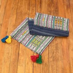 Land of Traditions,'Handwoven Striped Cotton Table Runner with Colorful Tassels'
