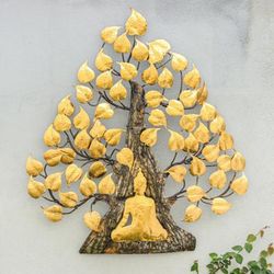 Buddha's Forest,'Handmade Gold Foil and Steel Wall Art of Buddha and Tree'