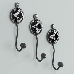 'Set of 3 Ceramic Coat Hooks with Hand-Painted Floral Accents'