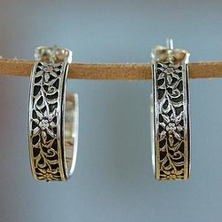 'Oxidized Sunflower-Themed Taxco Silver Half-Hoop Earrings'
