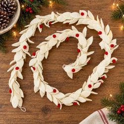 Frosty Holiday,'Wool Felt Leaf Holiday Garland in White and Red from India'
