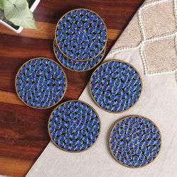 Royal Glitz,'Set of 6 Blue Beaded Wood and Resin Coasters from India'