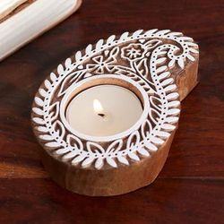 Paisley Glow,'Hand-Carved Mango Wood Paisley Tealight Candle Holder'