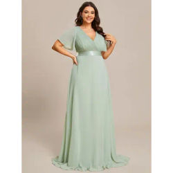 Robes de soirée grande taille, longues, coupe trapèze, double col en V, à volants, en mousseline de soie vert menthe, pour demoiselles d'honneur