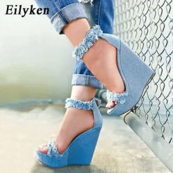 Eilyken concepteur romain Denim sandales été femme haute qualité compensées talons hauts Peep Toe plate-forme chaussures
