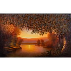Aesthetic Window of the Jungle,'Oil Landscape Painting of the Peruvian Jungle at Dusk'